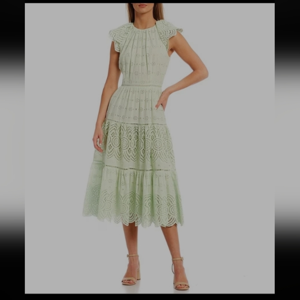 Fernanda Crew Neck Flutter Cap Sleeve Eyelet Dress